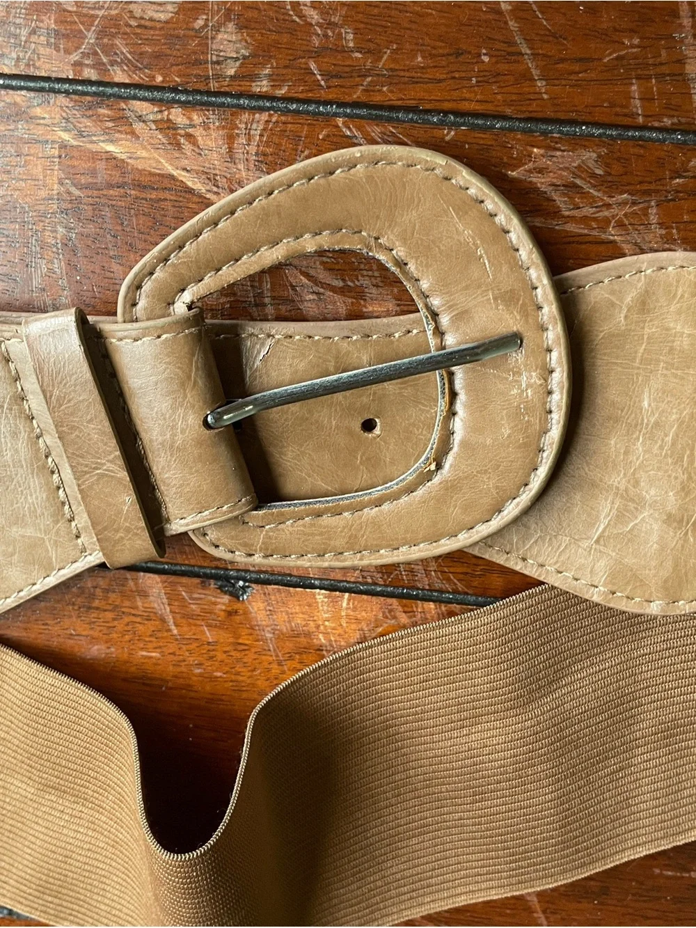 Wide Tan Elastic Waist Belt with Buckle